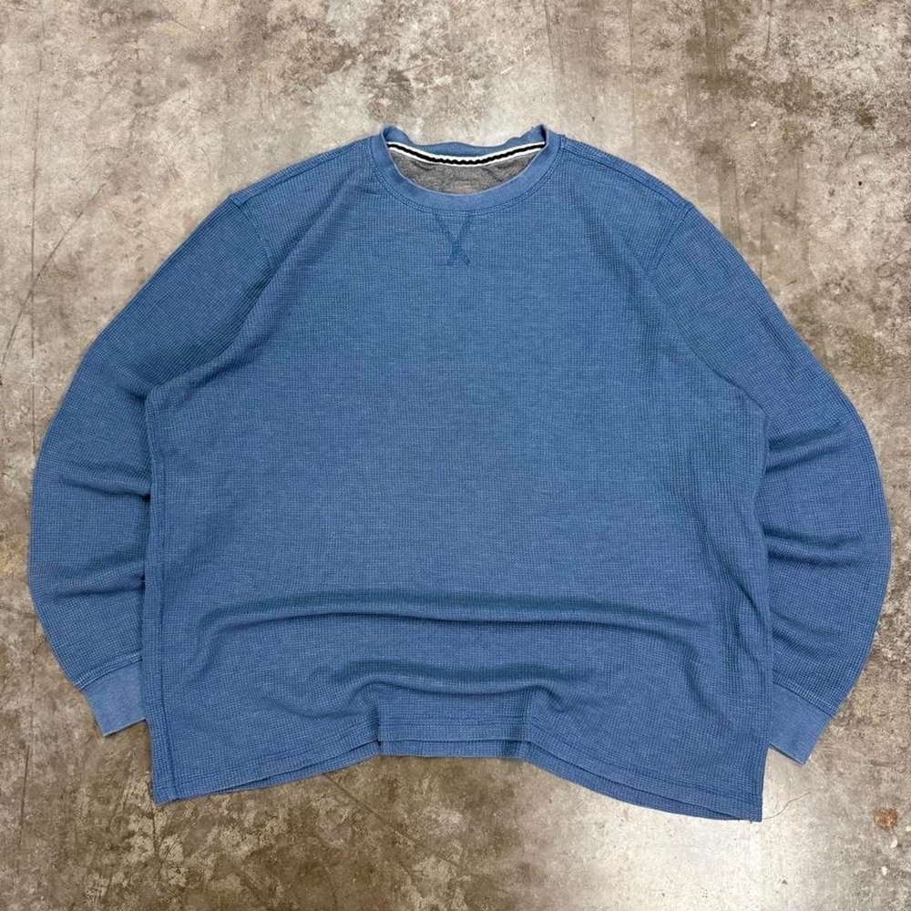 Vintage Y2K Blue Faded Waffle Knit Thermal Long Sleeve Shirt Men XXL Boxy Fit